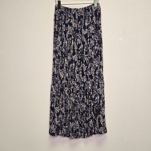 Vintage Navy Blue Paisley Pleated Broomstick Maxi Skirt M - Picture 4 of 10